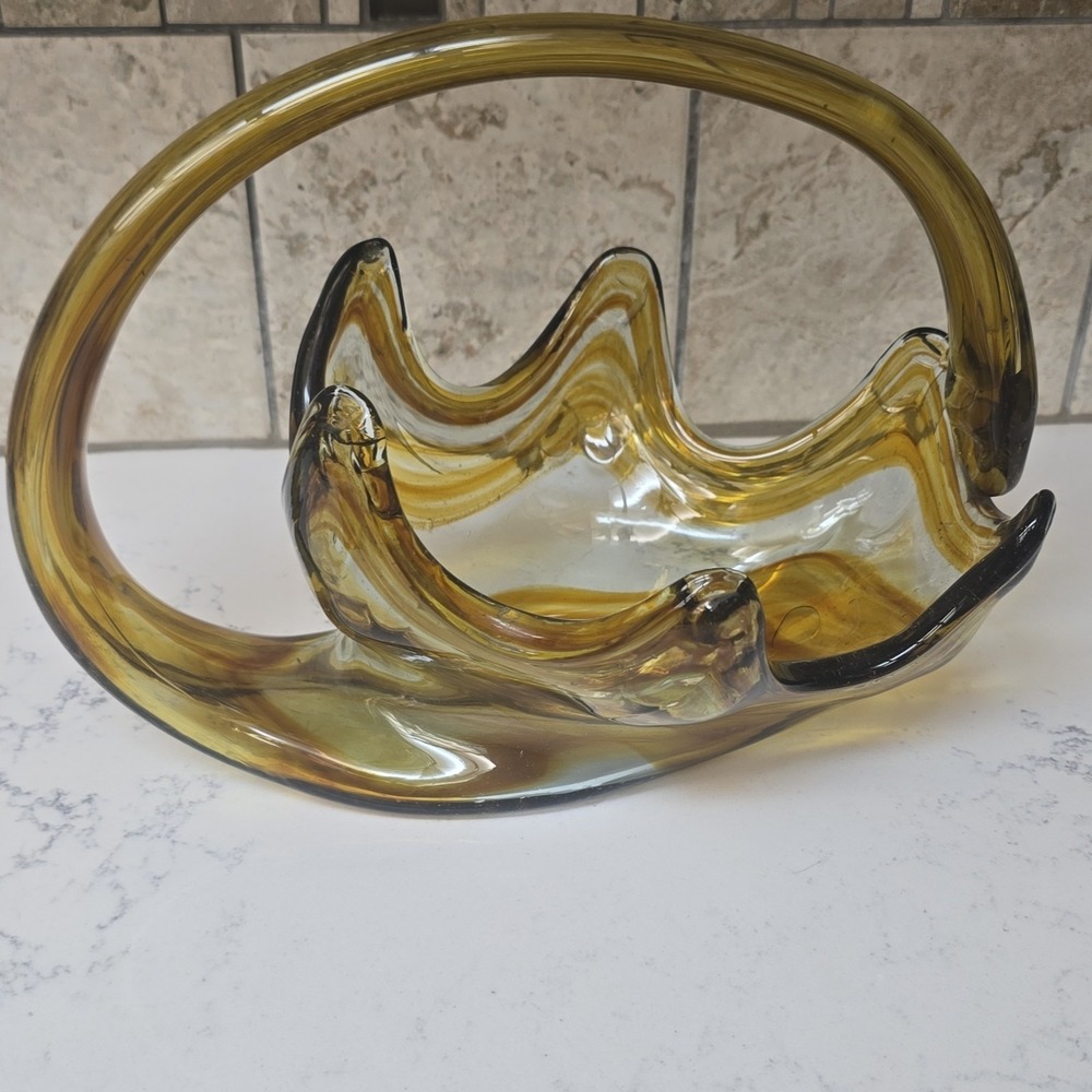 Amber Hand Blown Art Glass Freeform Bowl Swirl Mid Century Modern Vintage 10X8